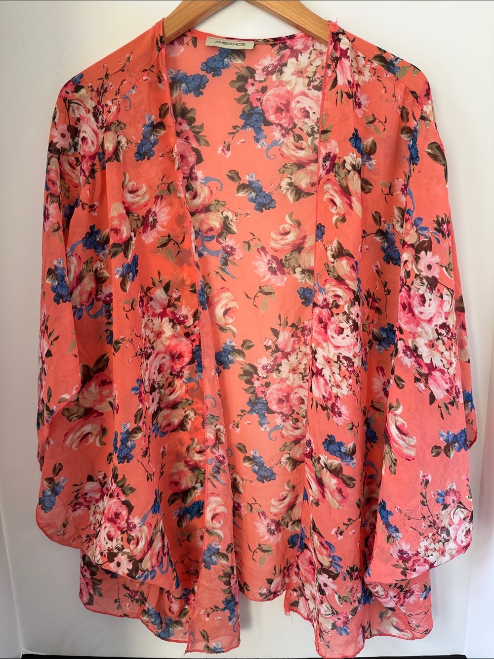 Ambiance Coral Floral Open-Front Kimono Semi-Sheer